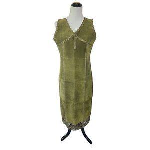 S.M.H. Boutique Patchwork Leather Olive Midi Dress Size 8